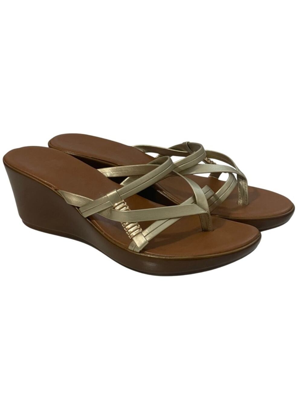 Italian Shoemakers Women’s Wedge Sandals Strappy Slip On Sz 8.5 Wide Gold Tan